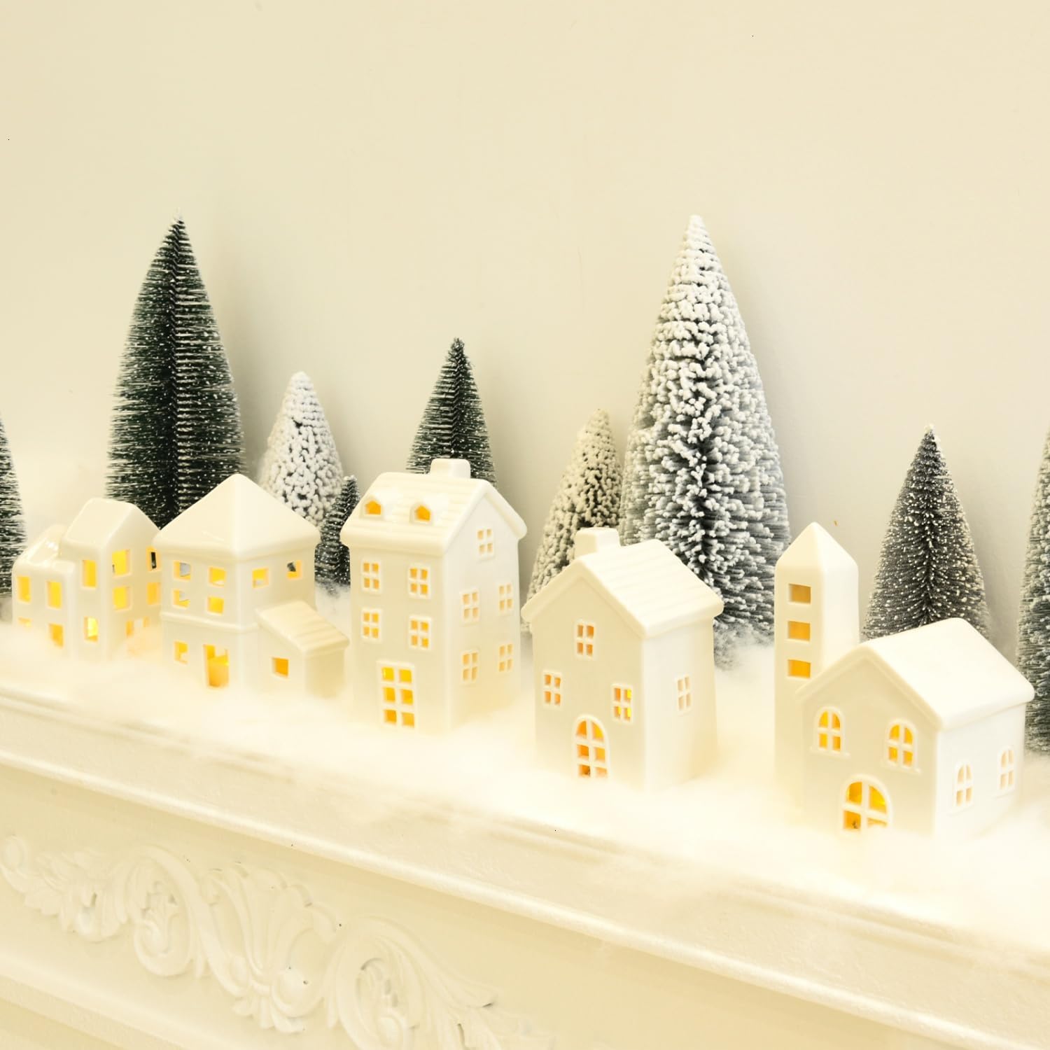 Regine Switzerland Ceramic Christmas Village Houses - 5 White Houses & 9 Trees with Fake Snow | Festive Indoor Decor for Home Table & Fireplace