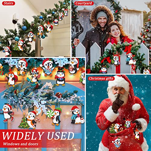 Penguin Christmas Tree Ornaments 48-Pack Wooden Decorations with Rope