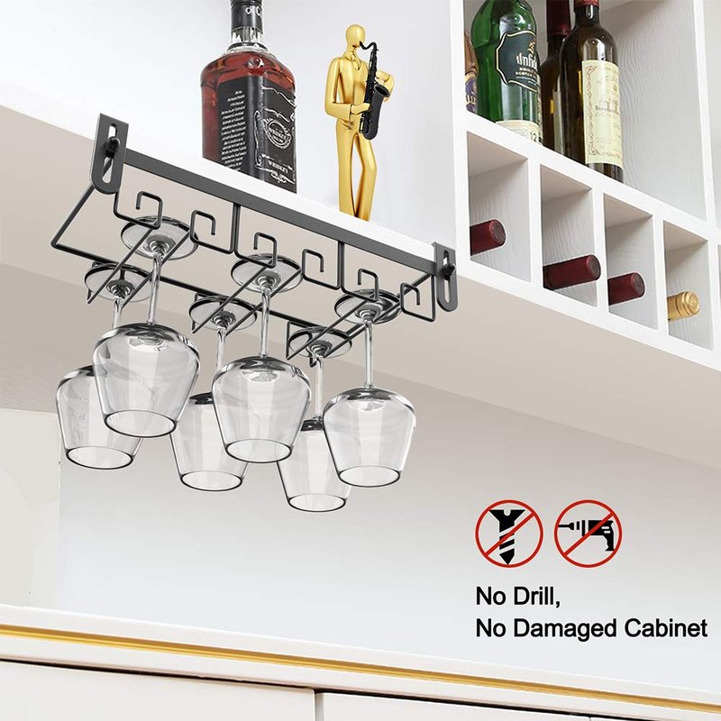 Cmecial Under Shelf Wine Glass Holder - Black, Stemware Rack for Cabinet, Holds Multiple Glasses