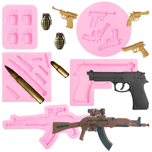 Gun Bullet Silicone Molds 5 Pcs, Pistol 3D Machine Gun Grenade Chocolate Fondant Mold for Cake Decoration Candy Sugar Cupcake Topper Polymer Clay Crafts