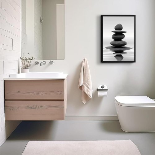 DCMVJHZV Framed Black and White Bathroom Wall Art - Zen Stones Meditation Print (12"x16") for Spa & Living Room Decor