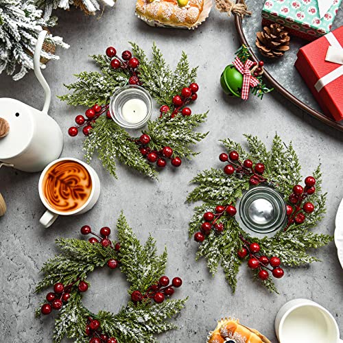 6-Piece Mini Christmas Candle Wreaths with Berries and Pinecones, 3.1 Inch