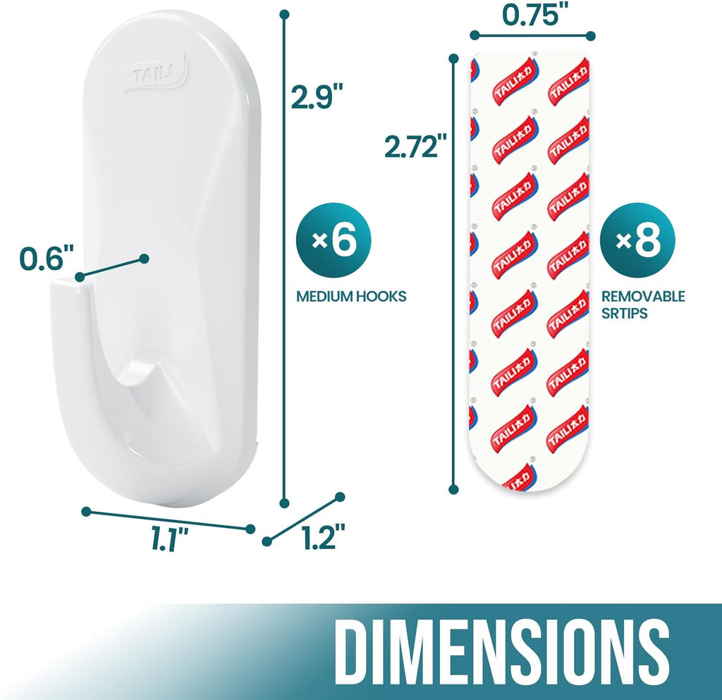 TAILI Heavy-Duty Adhesive Hooks - No Damage Utility Hooks for Walls | Removable & Reusable, White, 6 Pack