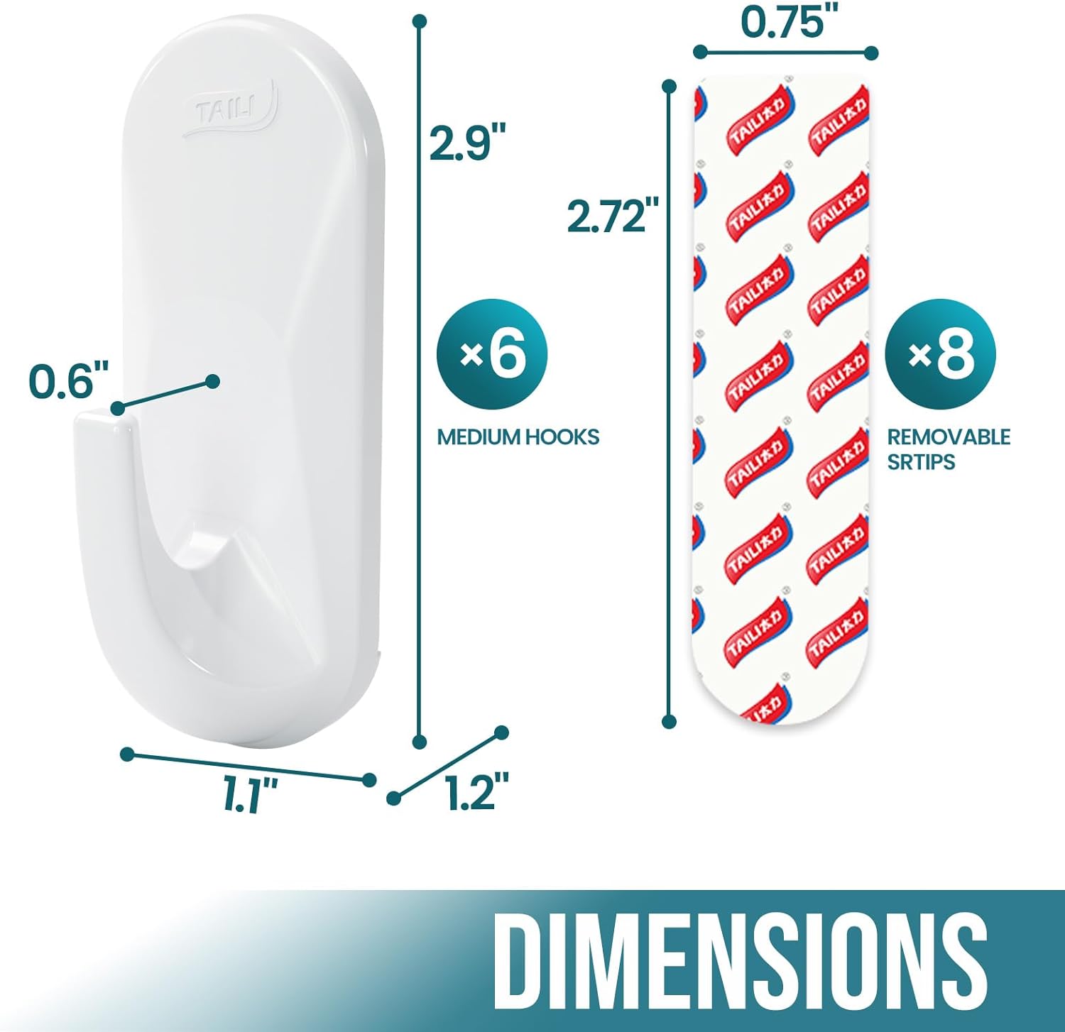 TAILI Heavy-Duty Adhesive Hooks - No Damage Utility Hooks for Walls | Removable & Reusable, White, 6 Pack