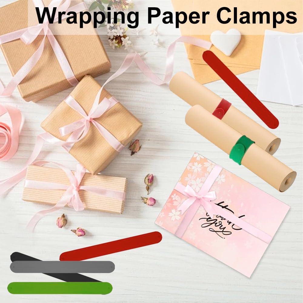 Skiennix Wrapping Paper Roll Holder - 12PCS Silicone Clamps & Metal Strips | 1 x 8.5 Inch for Gift Wrapping