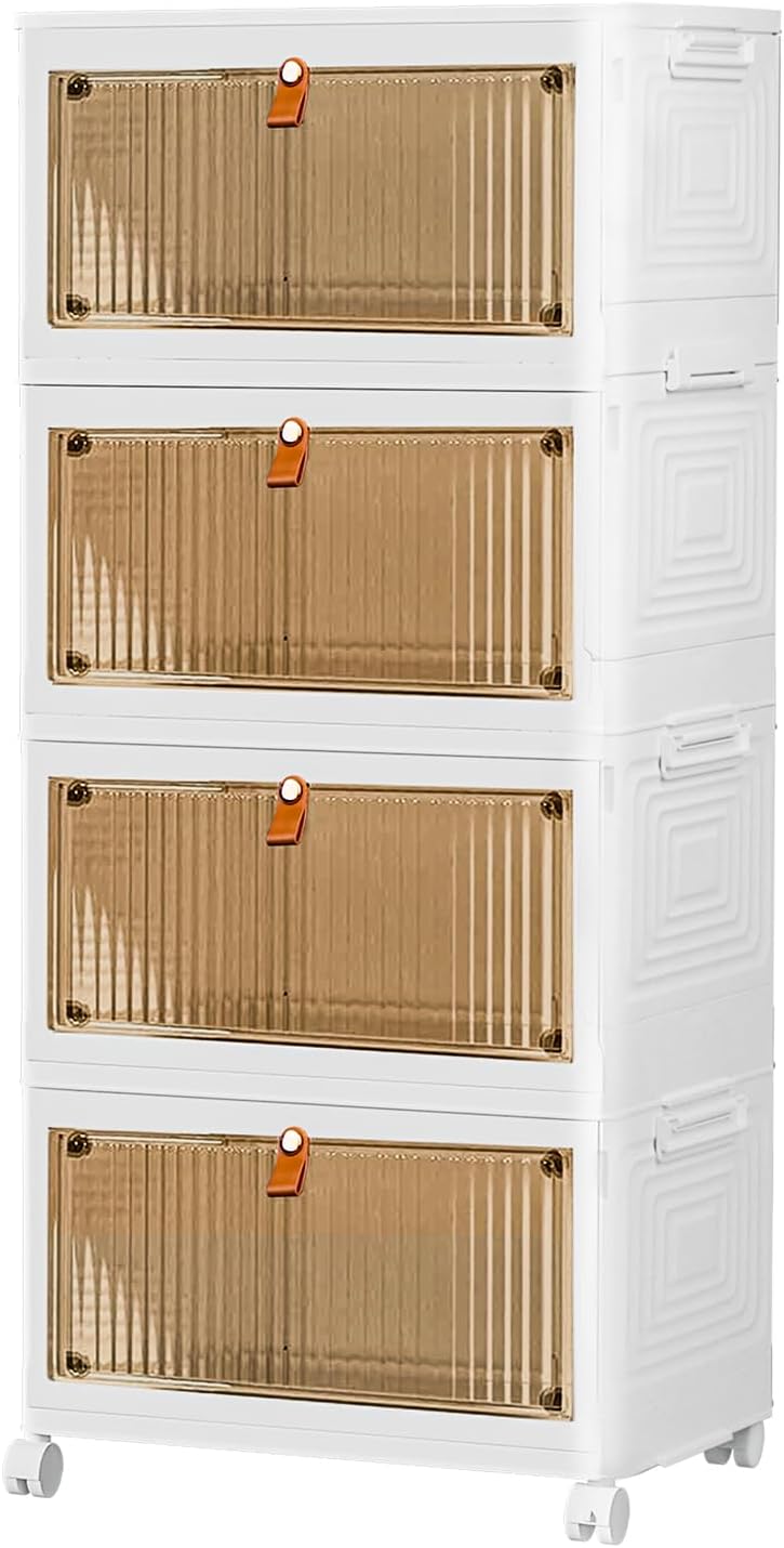 Skiennix 4-Tier Stackable Storage Bins - Collapsible Closet Organizers with Lids & Wheels | 23QT Capacity