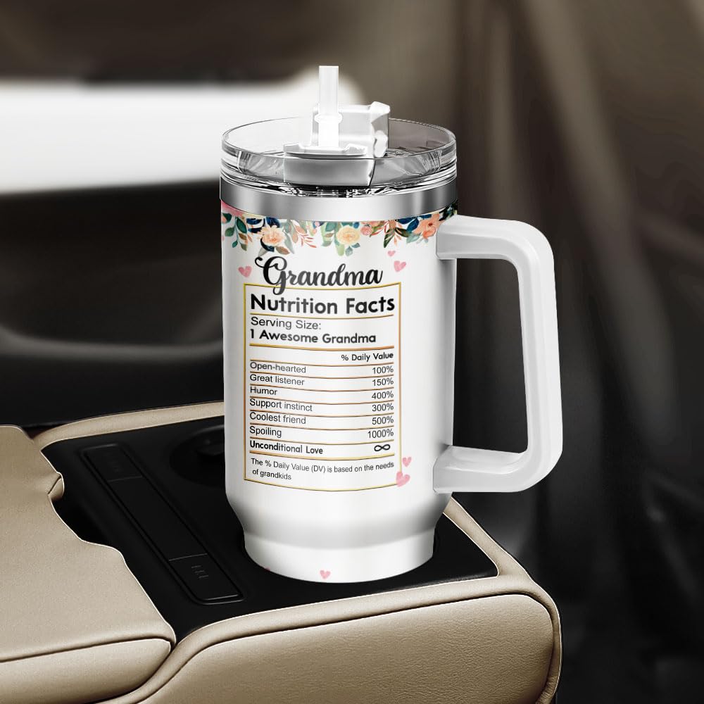 99WHALE Grandma Gifts, Grandma Watercolor Floral Nutrition Facts, Tumbler 40 Oz With Handle Lid And Straw, Handle Grandmas Cup For Great Heart Sippy Flower Best Ever Coffee Cups Nana