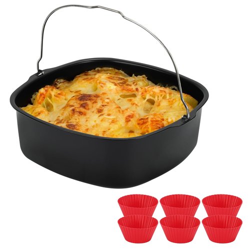 BSDLZCH 8inch Air Fryer Cake Pan, Non-stick Air Fryer Cake Barrel Square Deep Baking Pan Pizza Baking Pan for Instant Pot Cake Tray Basket Kitchen Accessorie Set (with 6 muffin cups)
