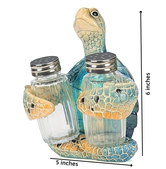 Blue Sea Turtle Salt and Pepper Shaker Holder Set - Coastal Kitchen Decor
