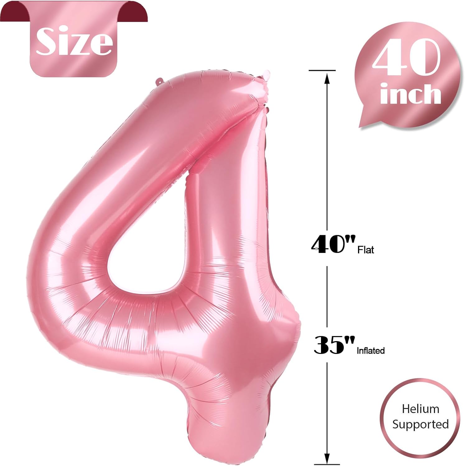 Pearlescent Pink Number 4 Balloon - 40 Inch Large Balloon for 4th Birthday Decorations