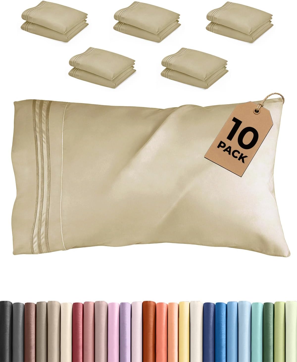 Ultra Soft Queen Pillow Cases Set of 10 | Hotel Quality, Wrinkle-Free & Easy-Care - Beige
