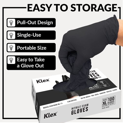 Klex Nitrile Exam Gloves - Medical Grade, Powder Free, Rubber Latex Free, Disposable Examination Grade Glove, Food Safe, Black, Medium, 1000 Count
