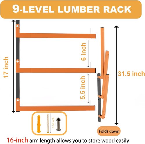 Lumber Rack Heavy Duty Wall Mount Wood Storage Racks - 9-Level Garage Shelving System | 1080 Lbs Capacity, 6 Pack