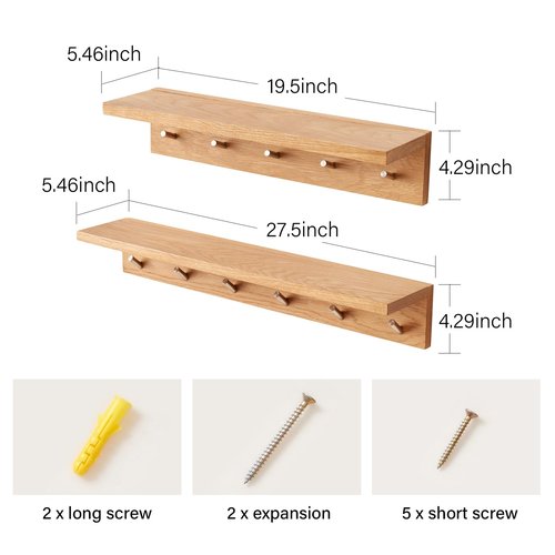 Rsuwiz Wall Hooks with Shelf Oak Wood Coat Rack Shelf Wall Mounted, Entryway Shelves with 6 Metal Hangers for Clothes Hats Towel for Bathroom, Bedroom, Living Room (Natural, 27.5 inches)