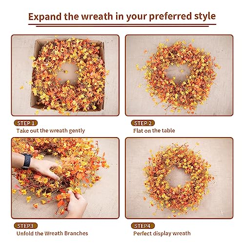 22-Inch Boho Farmhouse Fall Wreath with Wildflowers for Front Door