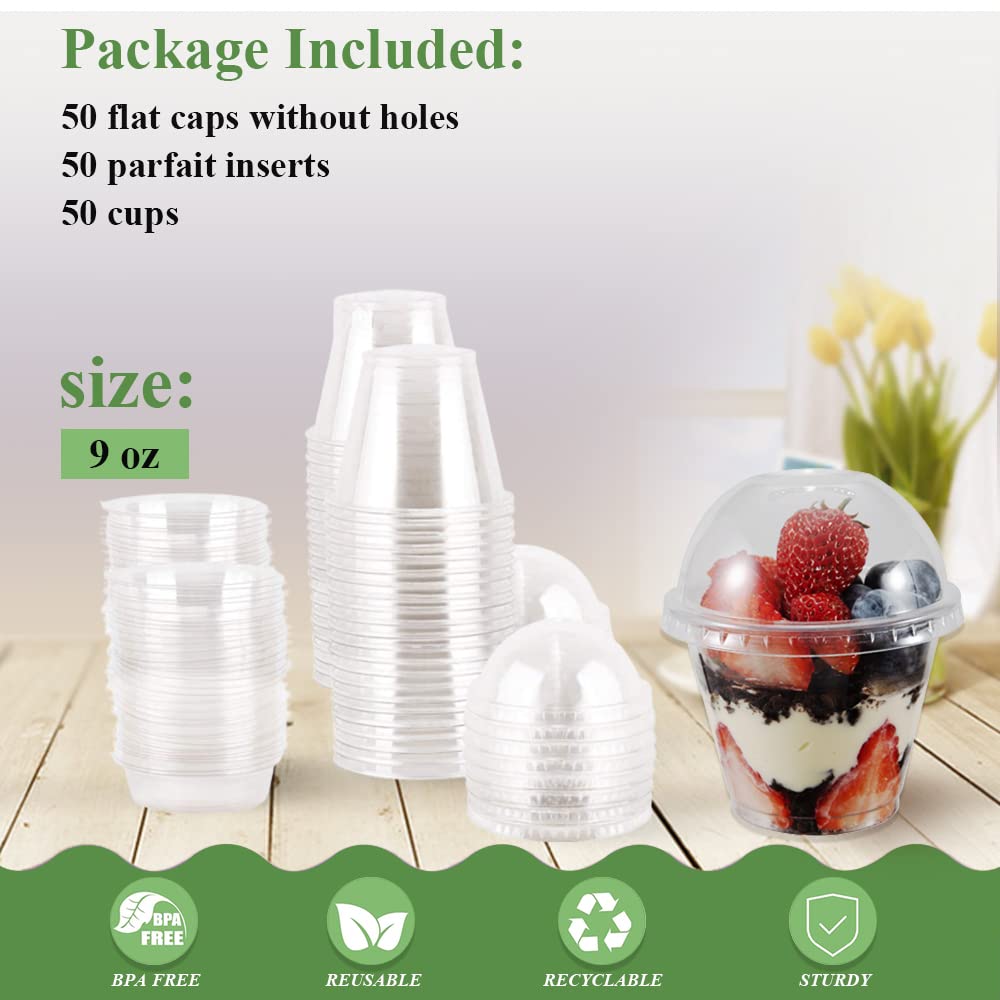50 Sets 9 oz Clear Plastic Parfait Cups with INSERT & DOME Lids(NO HOLE) - Disposable Dessert Cups with Lids for Kids, Dips Snacks and Veggies, Fruit Yogurt Smoothie Iced Cold Drinks, No Leaking