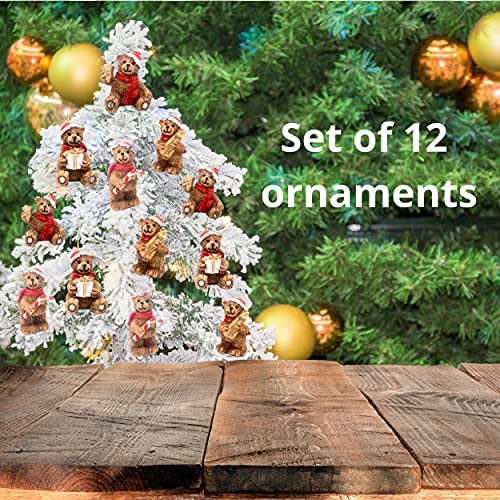 BANBERRY DESIGNS 12-Pack Bear Christmas Ornaments Set – 1.25"‑1.50" Bears in Santa Hats, 4 Poses