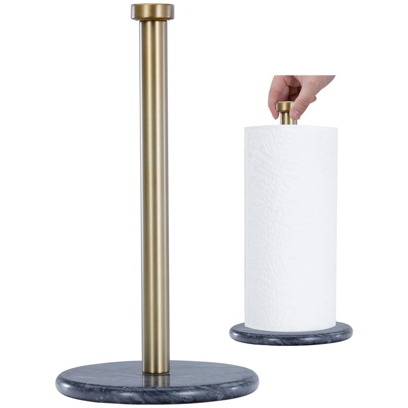 QiYueZaiYe Natural Marble Paper Towel Holder with Metal Rod - 7" Extra Large Base Fits Jumbo Rolls - 2.8 lbs Heavyweight for One-Handed Tearing - Modern Standing Kitchen Towel Rack - Gold/Silver