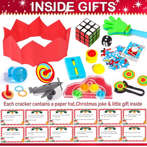 Envotek 12 Pack Christmas Cartoon No-Snap Party Favors with Hats & Gifts - Holiday Table Decorations