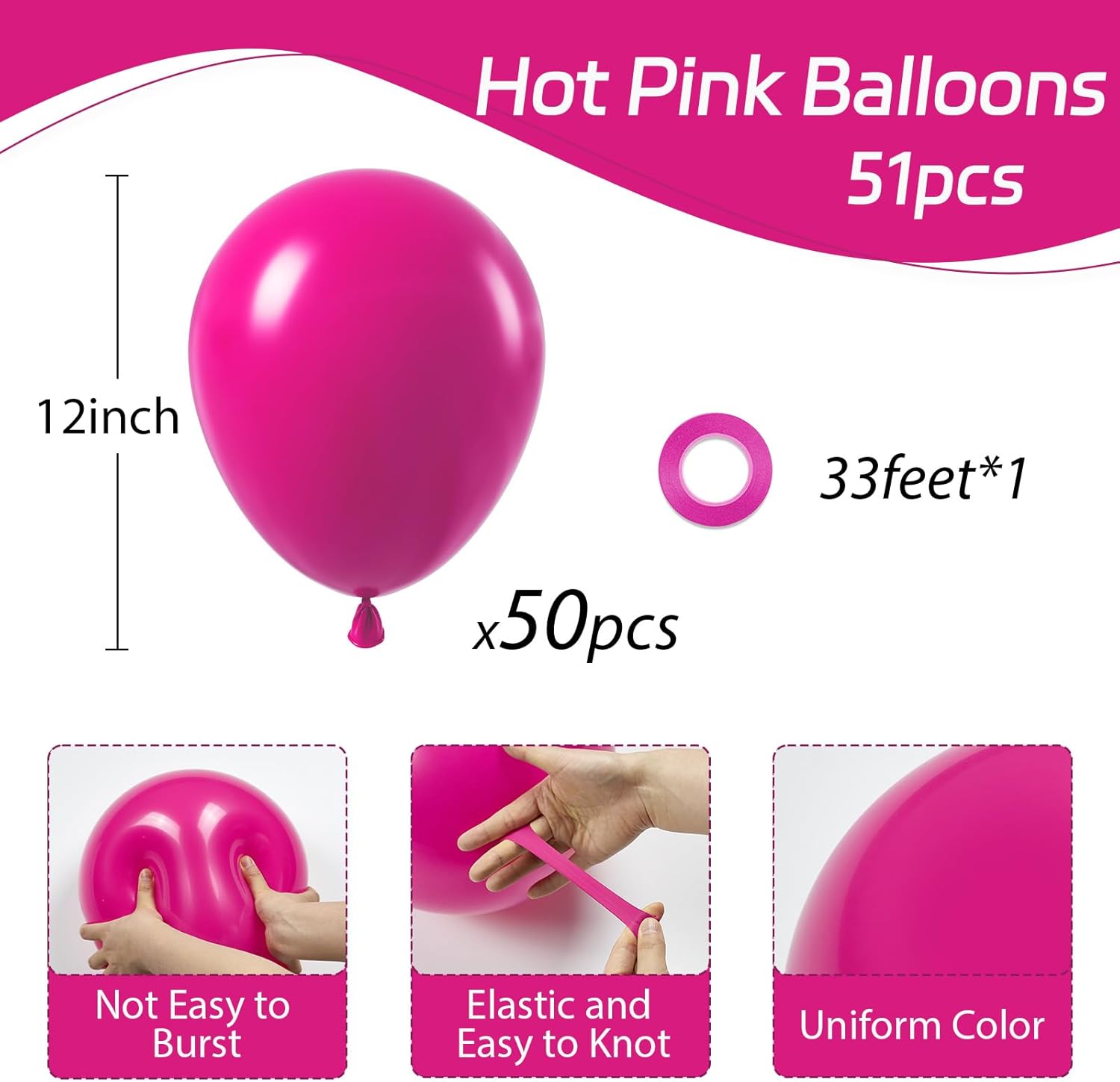 Awenztech Hot Pink Balloons - 12 Inch Latex Balloons | 50 Pack for Wedding & Birthday Celebrations