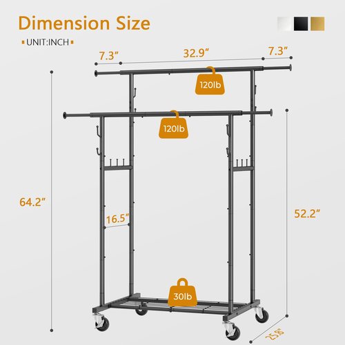Double Rod Garment Rack with Wheels, Heavy Duty Rolling Clothes Rack For Hanging Clothes, Portable Metal Clothing Rack with Shelves,Black, 64.2inch Chrome