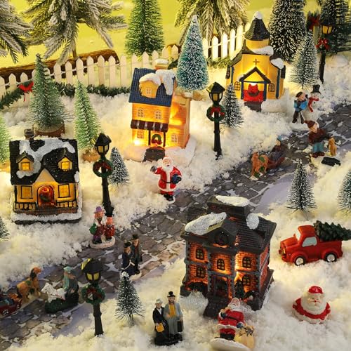 Wettarn Classic Lighted Christmas Village Houses Set - 27 Pcs Holiday Figurines