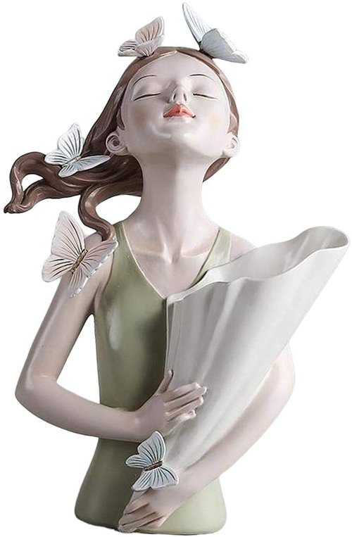 Girl Figurines Flower Vase Resin Girl Statue Sculpture Floral Flower Pots Flower Holder Desktop Planter for Home Office Table Ornaments - Green
