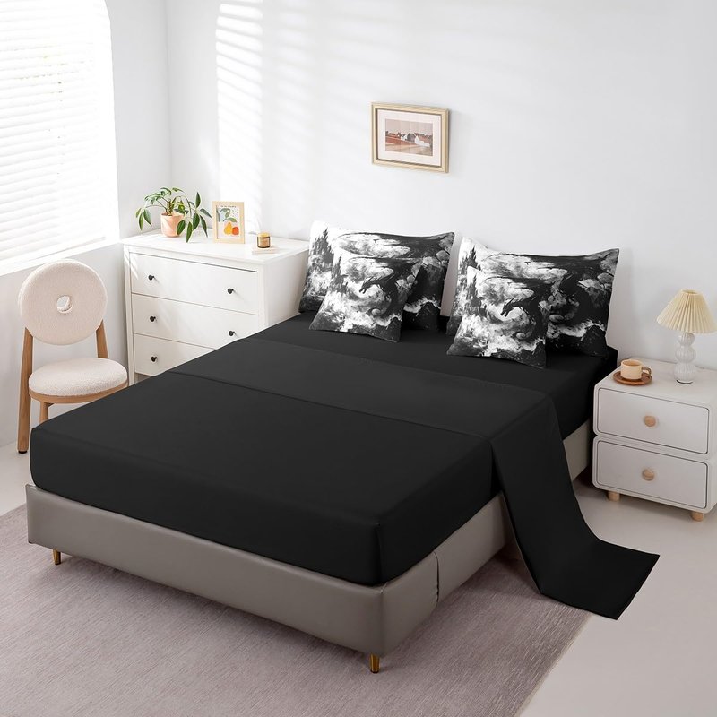 Erosebridal Gothic Dragon Bed in a Bag Queen Comforter Set 7 Piece,Black and White Vintage Fantasy Castle Bedding Sets Dark Sky Mythical Animal Sheet Set with Comforter