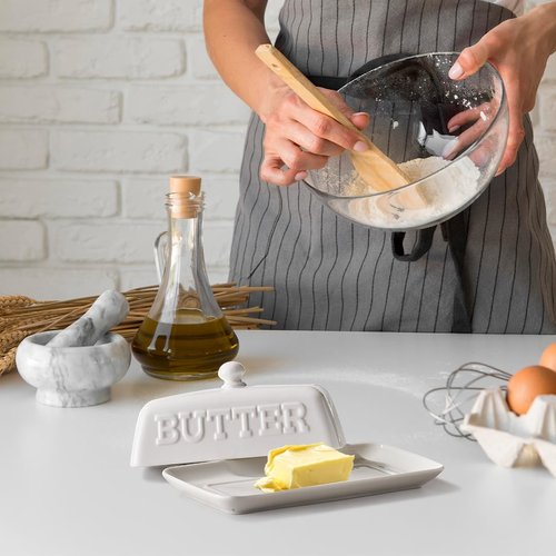 Maison Neuve White Ceramic Butter Dish with Lid for Countertop, White Kitchen Decor, Bold Embossed Font, Chip-Resistant, Microwaves & Dishwasher Safe, Butter Keeper, Country Kitchen Decor