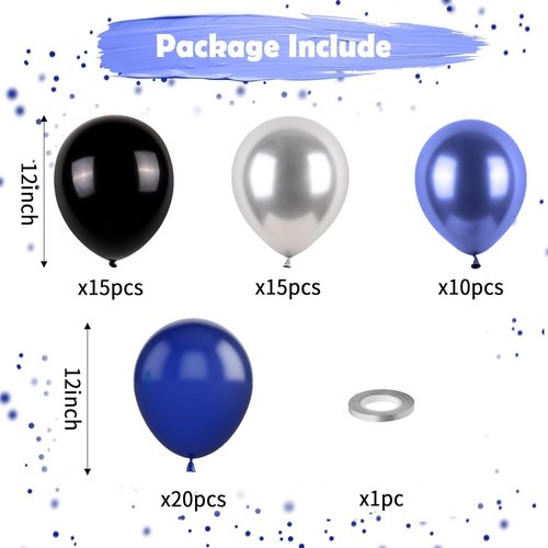 Blue and Black Balloons - Metallic Navy Blue & Silver Latex Balloons for Birthday & Baby Shower