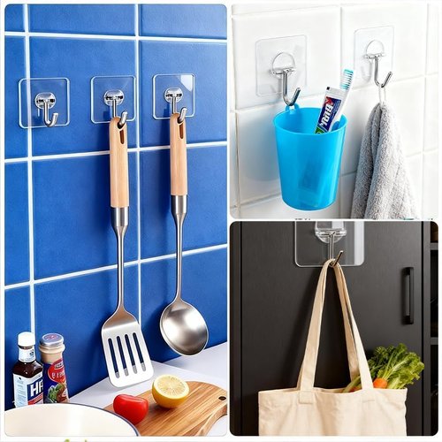 Kimono Heavy-Duty Adhesive Hooks - Transparent Waterproof Wall Hooks for Keys & Towels | 8-Pack