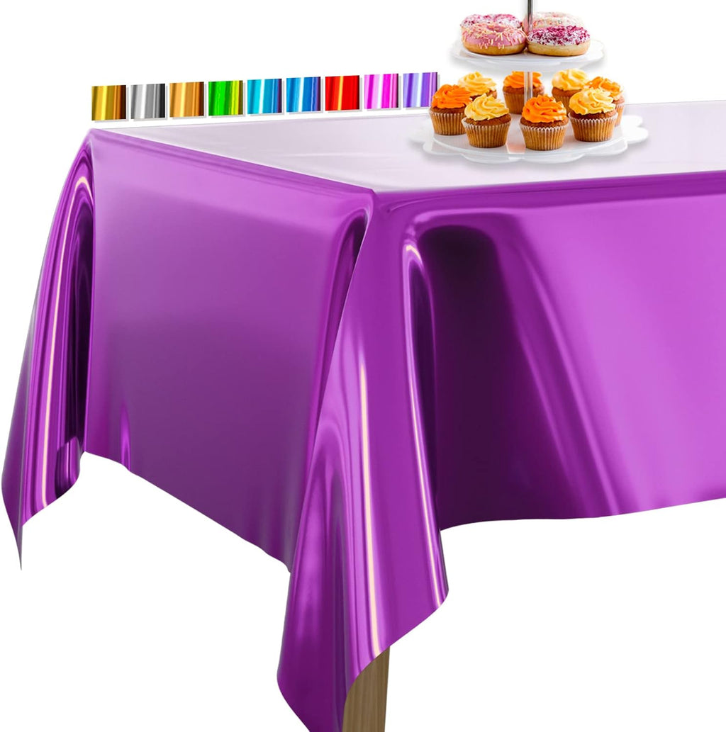 PartyWoo Purple Foil Tablecloth - 3 Pack 54 x 108 Inch Waterproof Metallic Covers for Events
