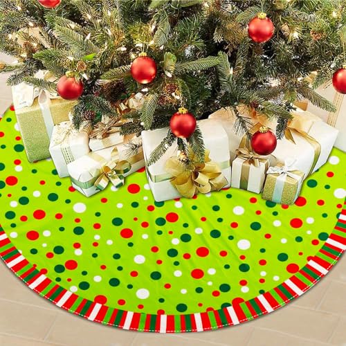 48-Inch Velvet Christmas Tree Skirt with Polka Dots & Striped Trim