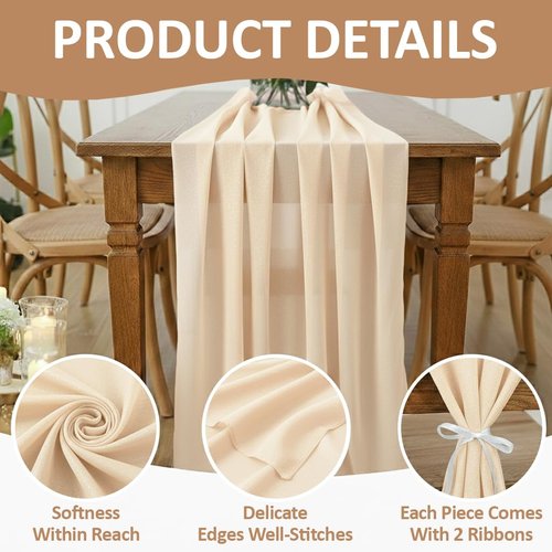 MDS Pack of 5 | Champagne Gold | 10ft Chiffon Table Runner 29x120 Inches Long Romantic Rustic Sheer Gauze Runner for Wedding Bridal Shower Birthday Banquets Engagement Spring Easter Boho Decorations