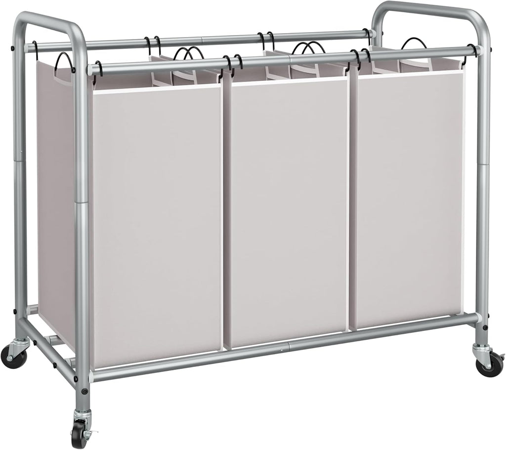 Storage Maniac Laundry Sorter - 3 Section Hamper Cart with Lockable Wheels & Removable Bags | 35.6 Gal, Gray