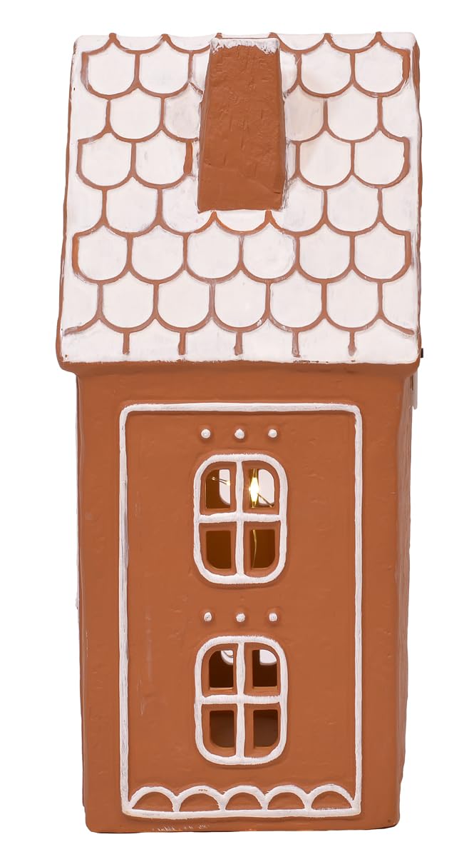 Mark Feldstein & Associates Ceramic Iced Gingerbread Houses Holiday Pre Lit LED Village Figurines, Set of 2, 9 Inch