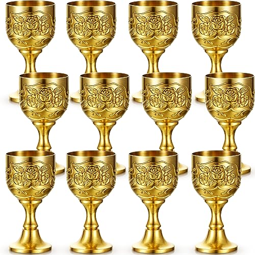 12-Piece Vintage Mini Chalice Goblet Set, 1 oz Embossed Metal Shot Glasses