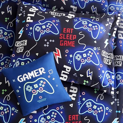 Glow in the Dark Gamer Twin Comforter Set - 3-Piece Kids Bedding Set