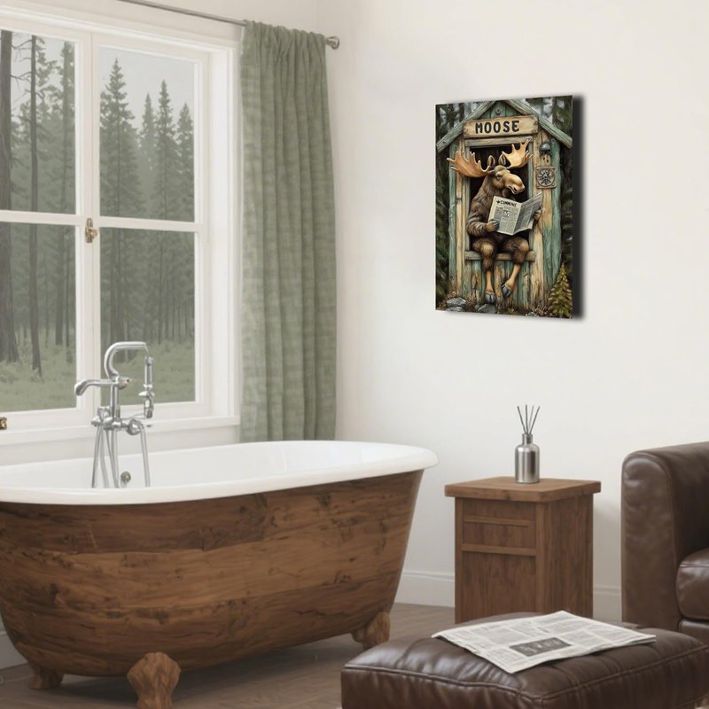 BJYCHG Moose Bathroom Wall Decor Rustic Moose In Outhouse Toilet Reading Newspaper Canvas Prints Forest Wildlife Picture Farmhouse Cabin Decor Framed (Brown, 24L x 16W)