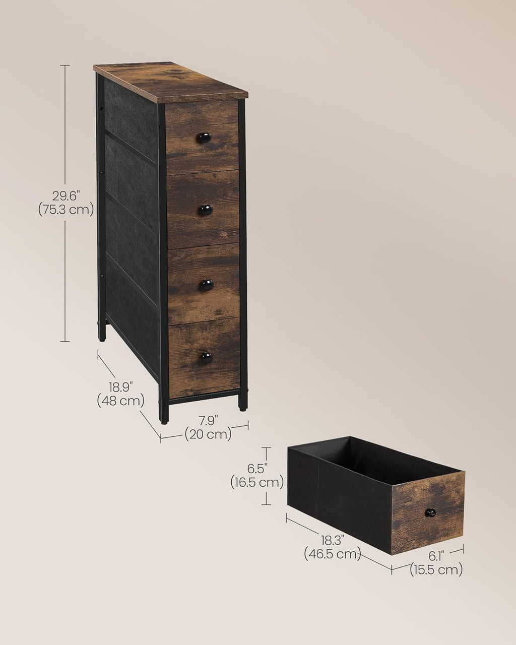 SONGMICS Dresser - Narrow Chest of Drawers for Bedroom Storage | 4-Drawer Organizer in Rustic Brown & Ink Black