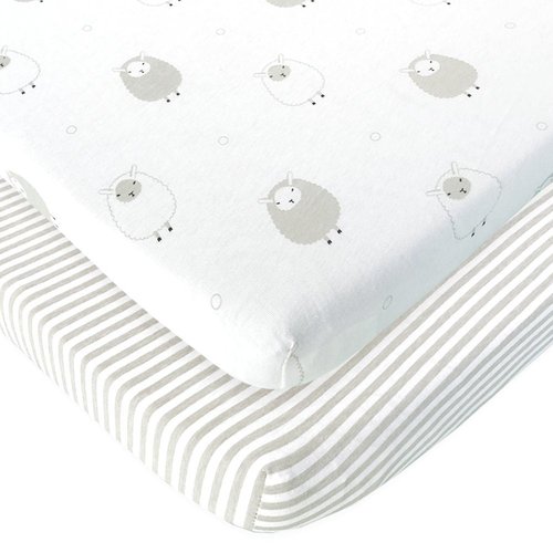 Bedside Sleeper Bassinet Sheets – Compatible with Milliard Side Sleeper – Fits 21 x 36 Mattress Without Bunching – Snuggly Soft Jersey Cotton – Grey Sheep, Stripe – 2 Pack