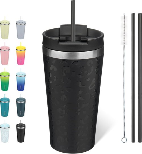 BJPKPK 18oz Insulated Stainless Steel Tumbler - Black Leopard Travel Coffee Mug with Lid & Straw