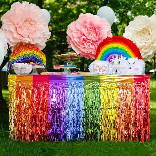 Rainbow Metallic Foil Fringe Table Skirt - 2 Pack Wavy Tinsel Party Decor