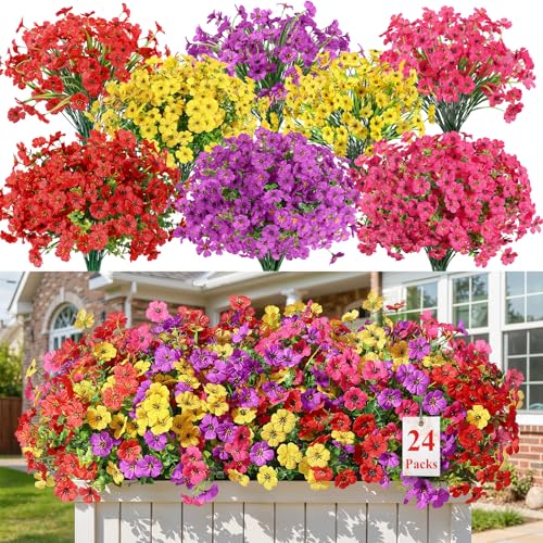 24 Bundles Artificial Daisy Flowers - UV Resistant Outdoor Faux Plants