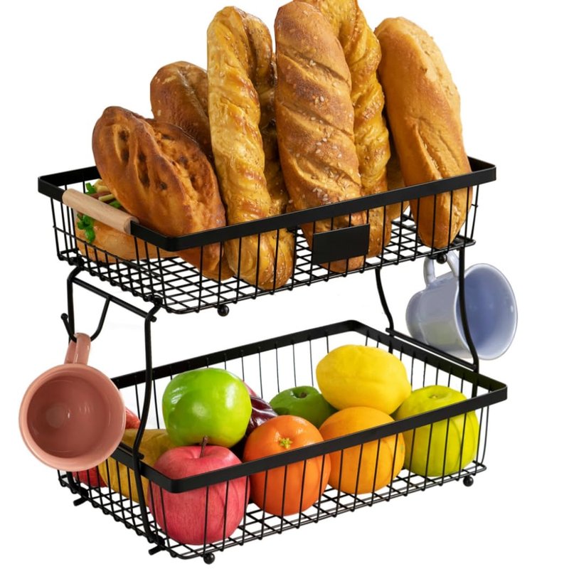 FRUVAN 2 Tier Fruit Basket with 2 Banana Hangers, Fruit Bowl for kitchen counter with Wooden Handle, Detachable Large Capacity Fruit Holder Stand for Vegetable Bread Snack Produce Storage