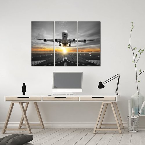 HOMEOART Aviation Decor Airplane Plane Flying Over Runway Canvas Wall Art Boys Room Decor Picture Framed Canvas Print Ready to Hang 16x32inchx3 Panels