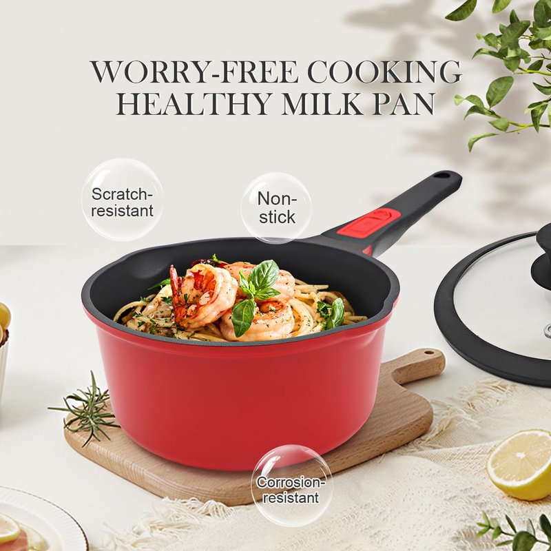 Bobikuke 2 Qt Saucepan with Lid, Non Stick Sauce Pan with Lid, Milk Pot & Sauce Pot & Small Saucepan with Pour Spout, Detachable Handle Milk Pan, Mini Cooking Pot Induction Compatible, Oven Safe