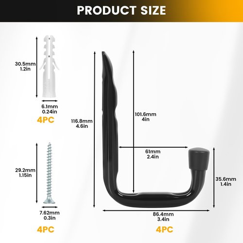 GURADESIGN Heavy Duty Garage Hooks - 8-Pack Utility Hooks for Hanging Up to 50 lbs | Black Metal