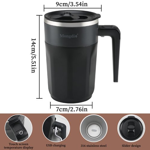 Mongdio Self Stirring Coffee Mug with Temperature Display, Rechargeable Stirring Mug, Automatic Self Stirring Cup with Lid, For Coffee, Milk and Other Beverages, Black
