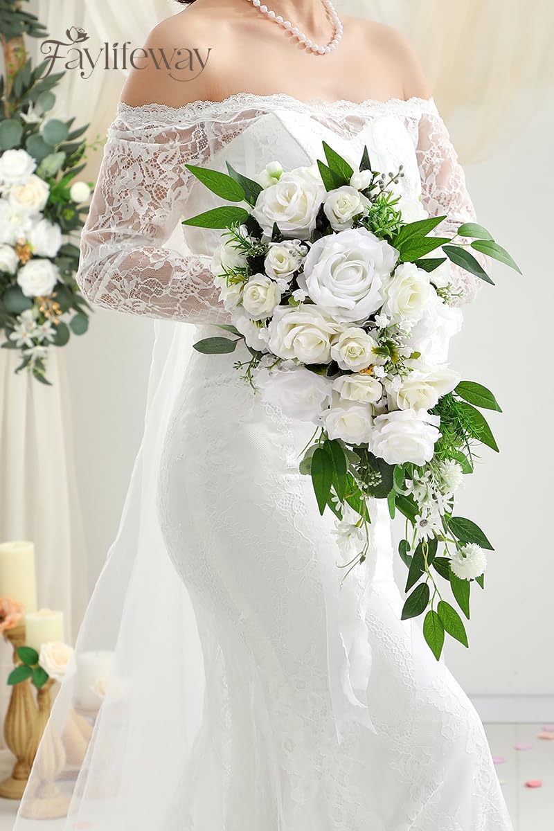 Faylifeway Wedding Bouquets for Bride, White Cascading Bridal Bouquet Artificial Flowers，9.8 Inch Bride Bouquets for Wedding Decoration, Boho Ceremony,Church, Anniversary Decor